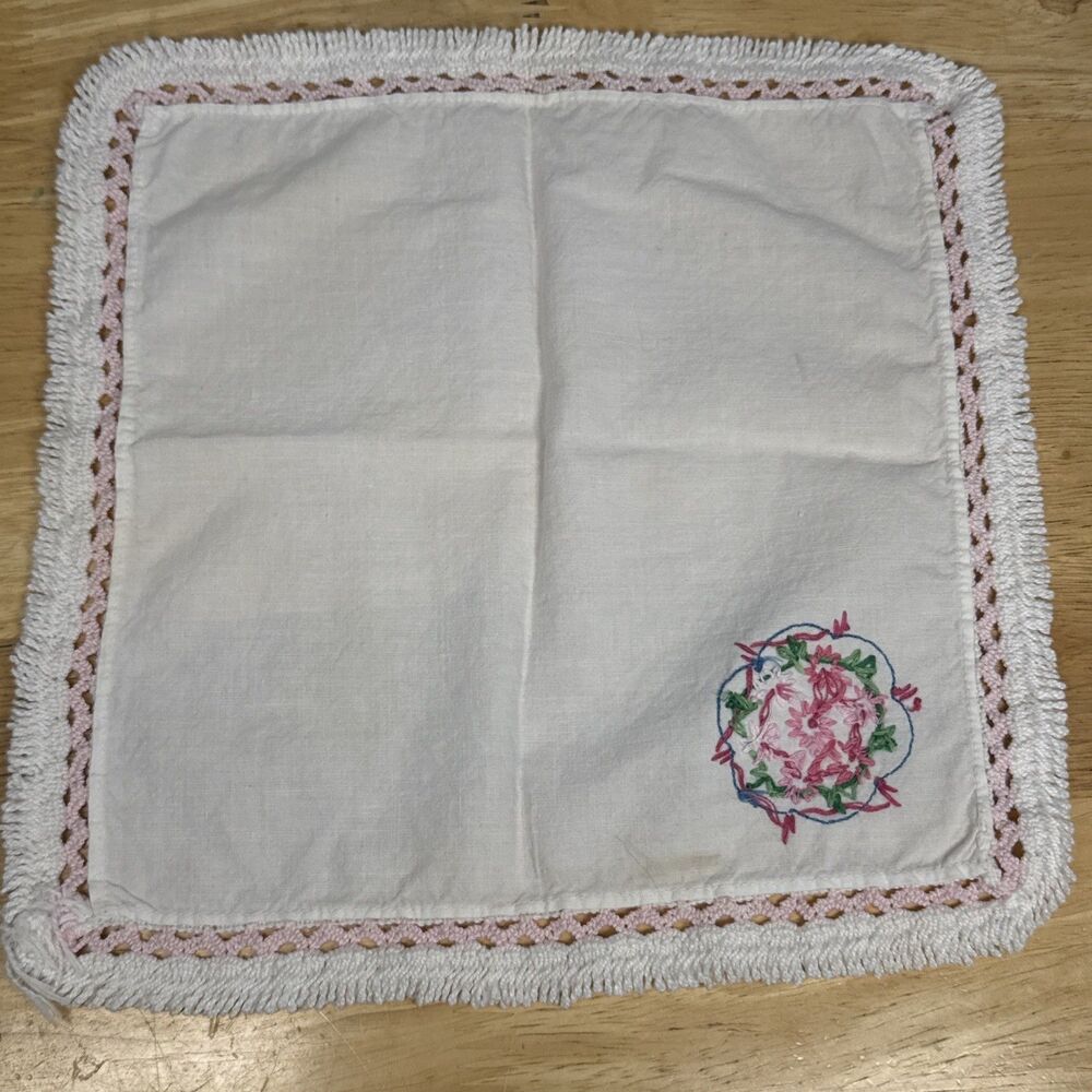 Vintage Hand Embroidered Floral Dresser End Table Scarf 10”x10” - Picture 7 of 7